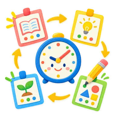 時計の周りを四つの学習活動が順番に進む様子